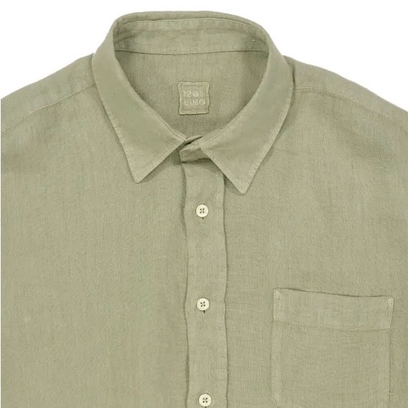 120% LINO Green 3/4 Sleeve Button Down One Pocket 100% Linen Blouse Sz 4 = 40 - Picture 1 of 9